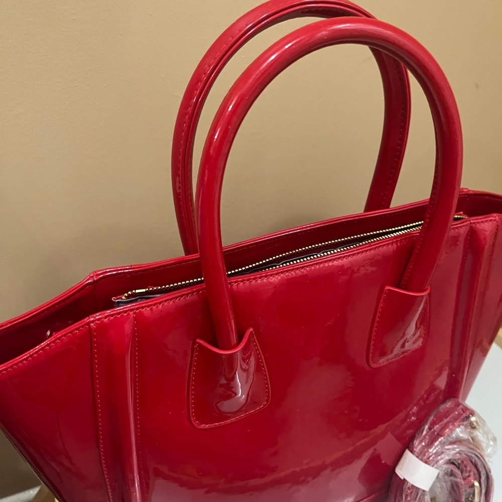 Jeanne Lottie Red Patent Tote Bag Glossy Handbag Top Handle Structured Satchel - Picture 4 of 9